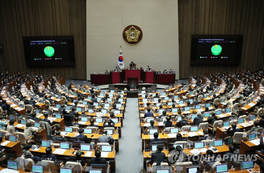 지난 12월 24일 새벽 국회 본회의에서 2023년도 예산안에 대한 수정안이 의결 통과되고 있다.<연합뉴스>